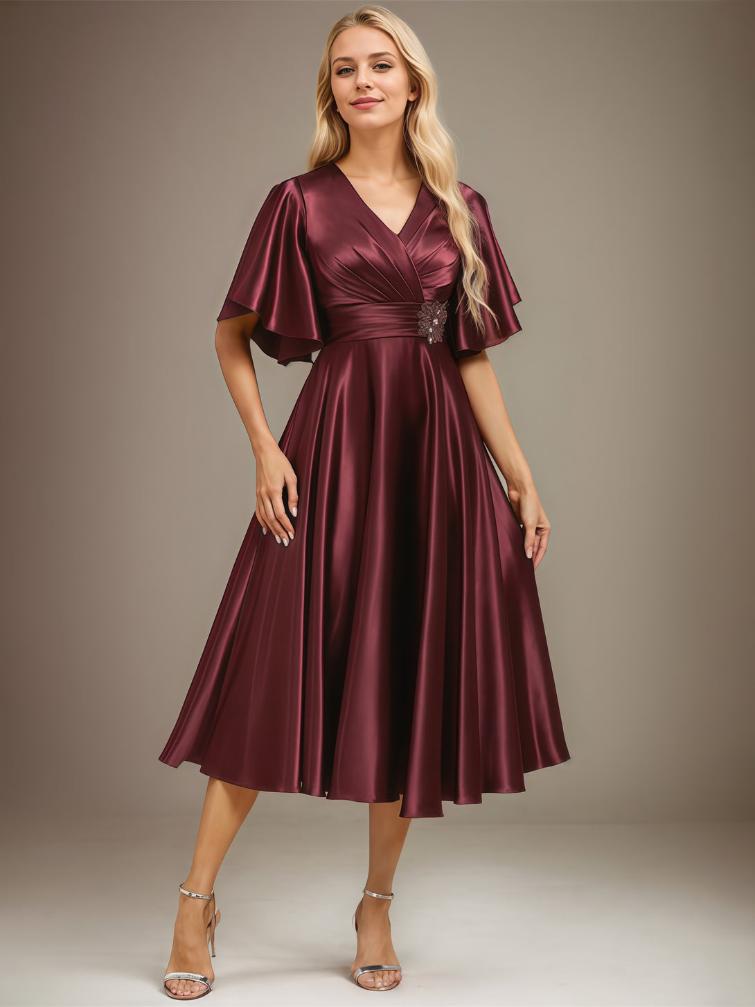 A-Line V-Neck Flutter Straps Tea-Length Satin Mother of the Bride Dress With Pleated/Beads Belt BabaMila