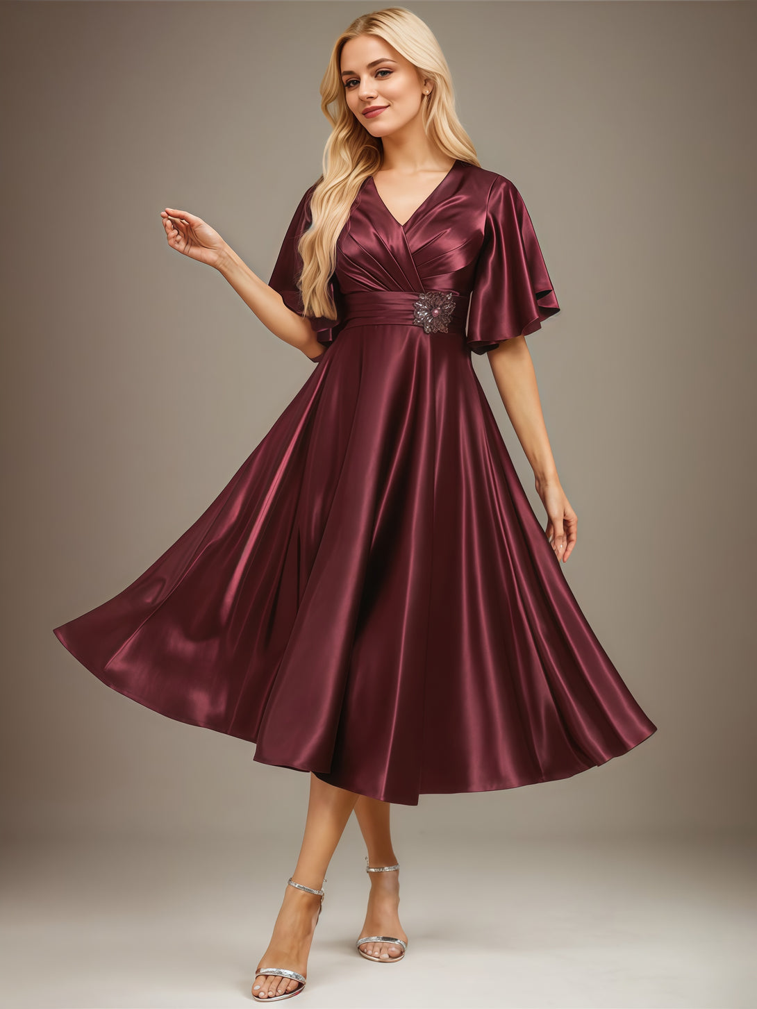 A-Line V-Neck Flutter Straps Tea-Length Satin Mother of the Bride Dress With Pleated/Beads Belt BabaMila