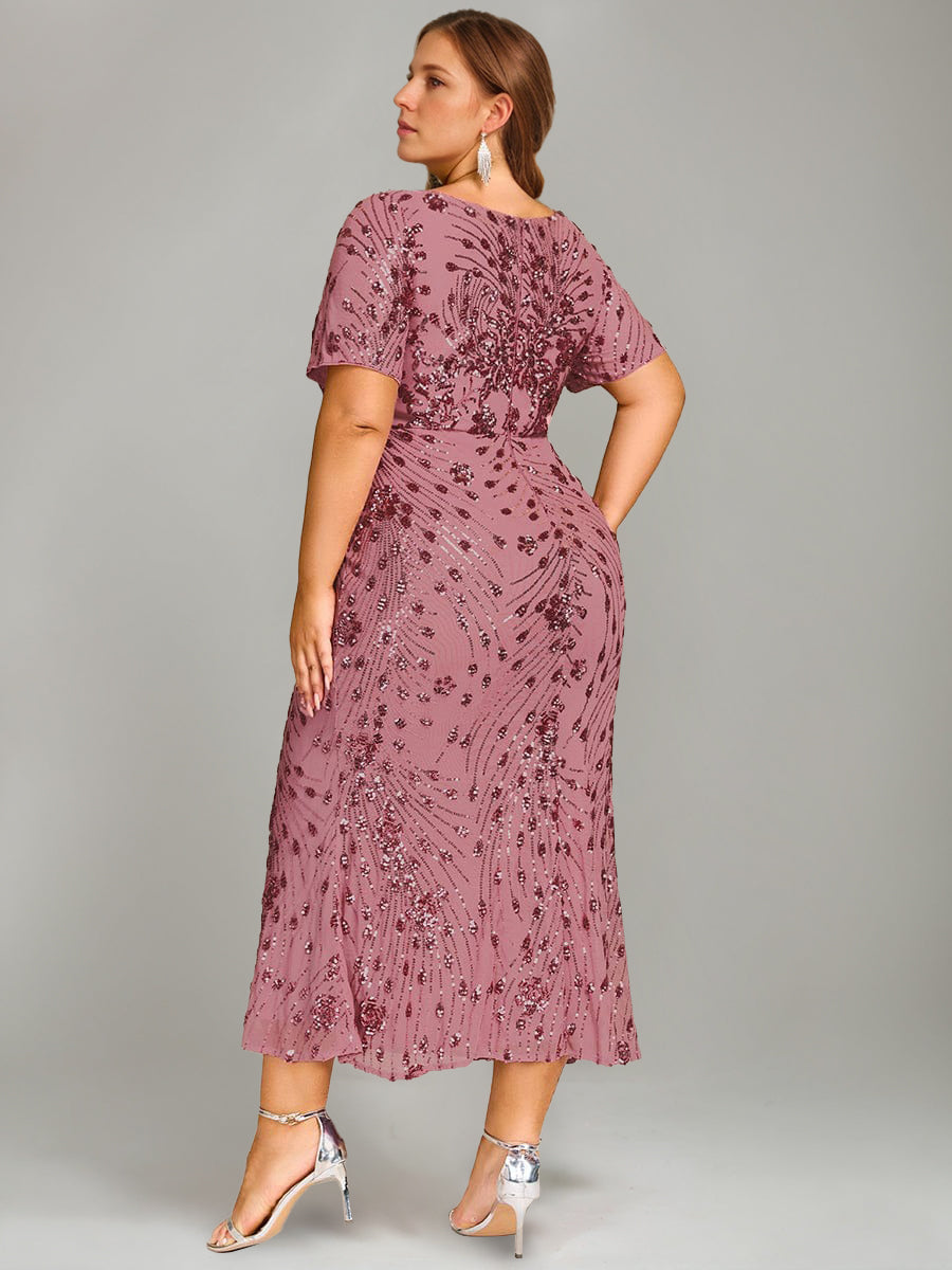 Trumpet/Mermaid Plus Scoop Half Sleeves Tea-Length Mother Of The Bride Dresses With Sequins & Embroidery BabaMila