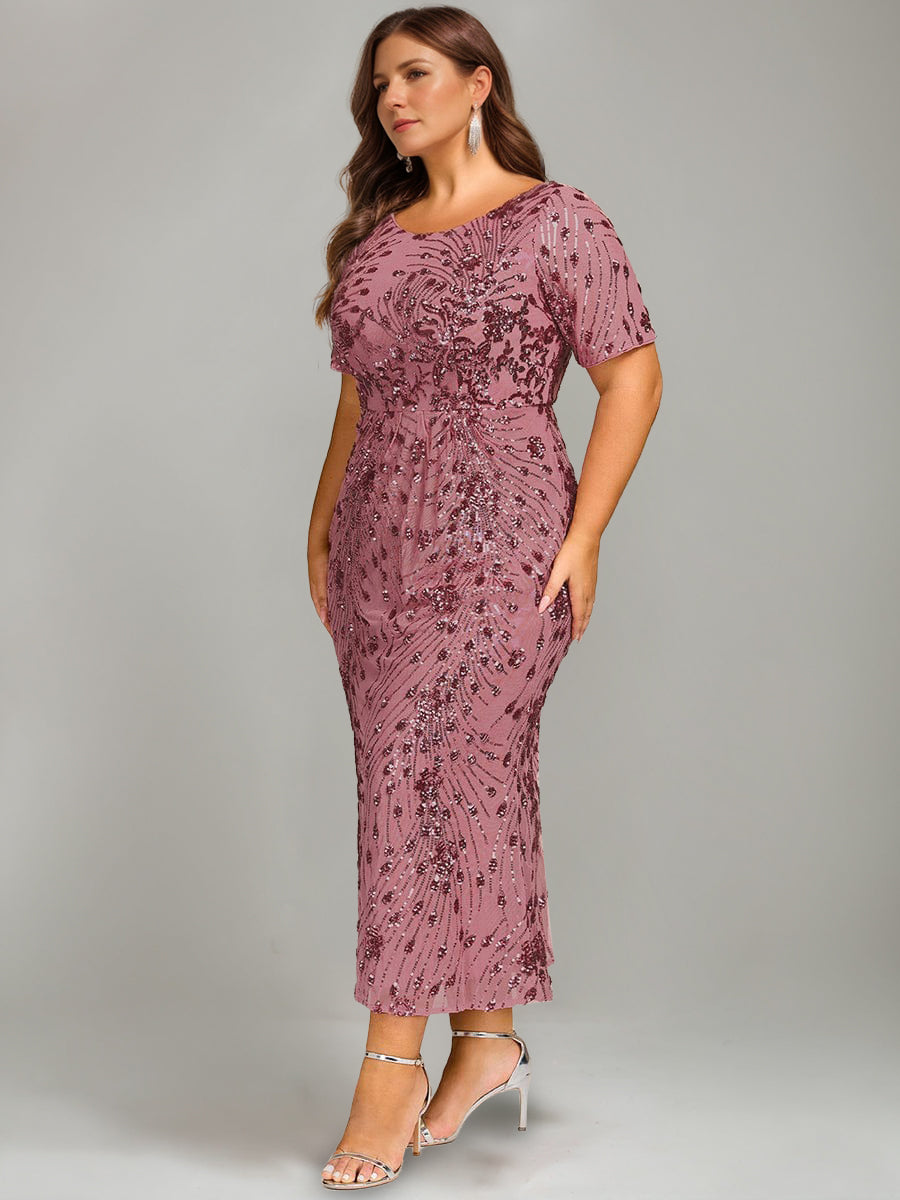 Trumpet/Mermaid Plus Scoop Half Sleeves Tea-Length Mother Of The Bride Dresses With Sequins & Embroidery BabaMila