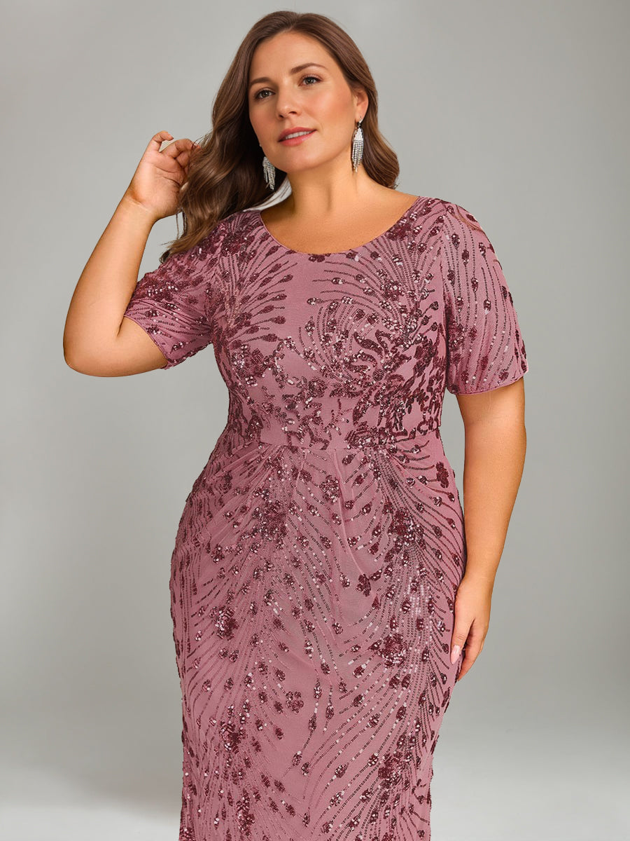 Trumpet/Mermaid Plus Scoop Half Sleeves Tea-Length Mother Of The Bride Dresses With Sequins & Embroidery BabaMila