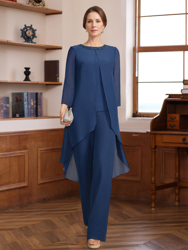 2 Pieces Scoop 3/4 Sleeves Floor-Length Mother Of The Bride Pantsuits With Sequins & Beads BabaMila
