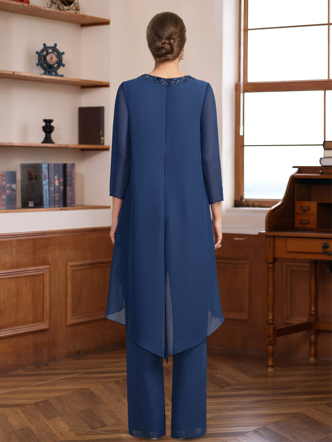 2 Pieces Scoop 3/4 Sleeves Floor-Length Mother Of The Bride Pantsuits With Sequins & Beads BabaMila