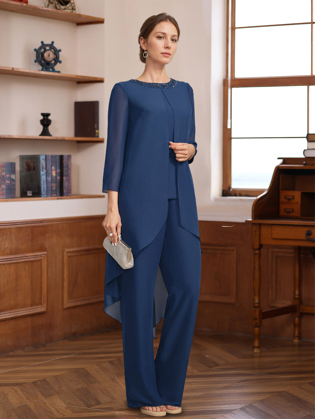 2 Pieces Scoop 3/4 Sleeves Floor-Length Mother Of The Bride Pantsuits With Sequins & Beads BabaMila