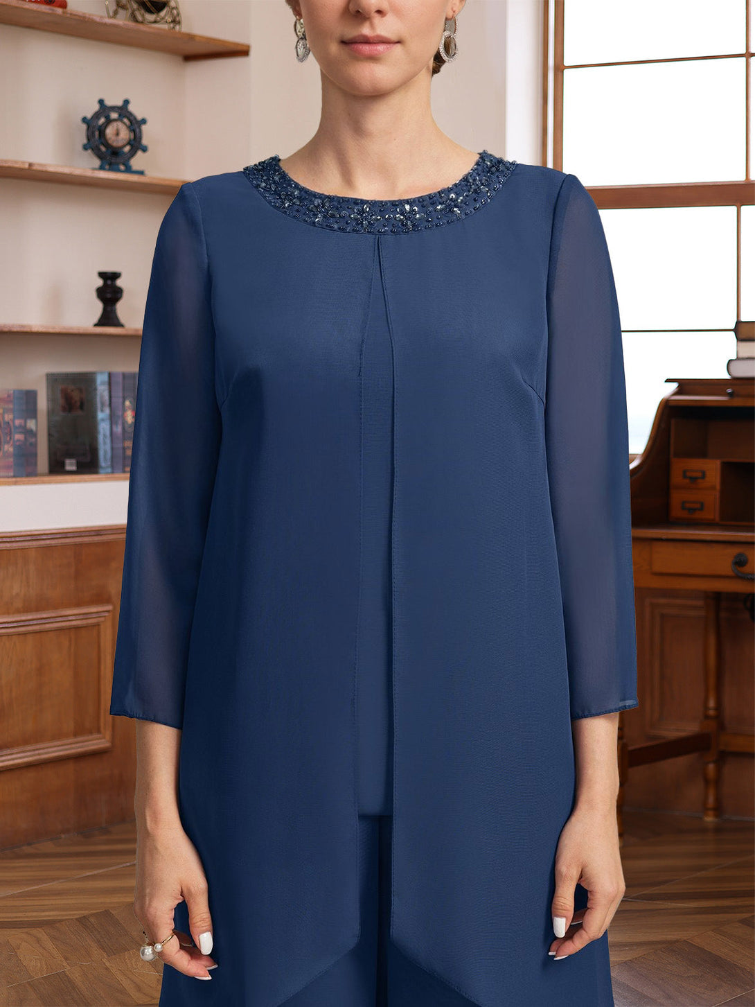 2 Pieces Scoop 3/4 Sleeves Floor-Length Mother Of The Bride Pantsuits With Sequins & Beads BabaMila