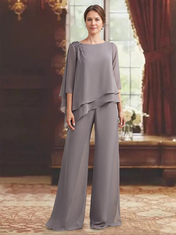 2 Pieces Scoop 3/4 Sleeves Floor-Length Mother Of The Bride Pantsuits With Jewel Appliques BabaMila