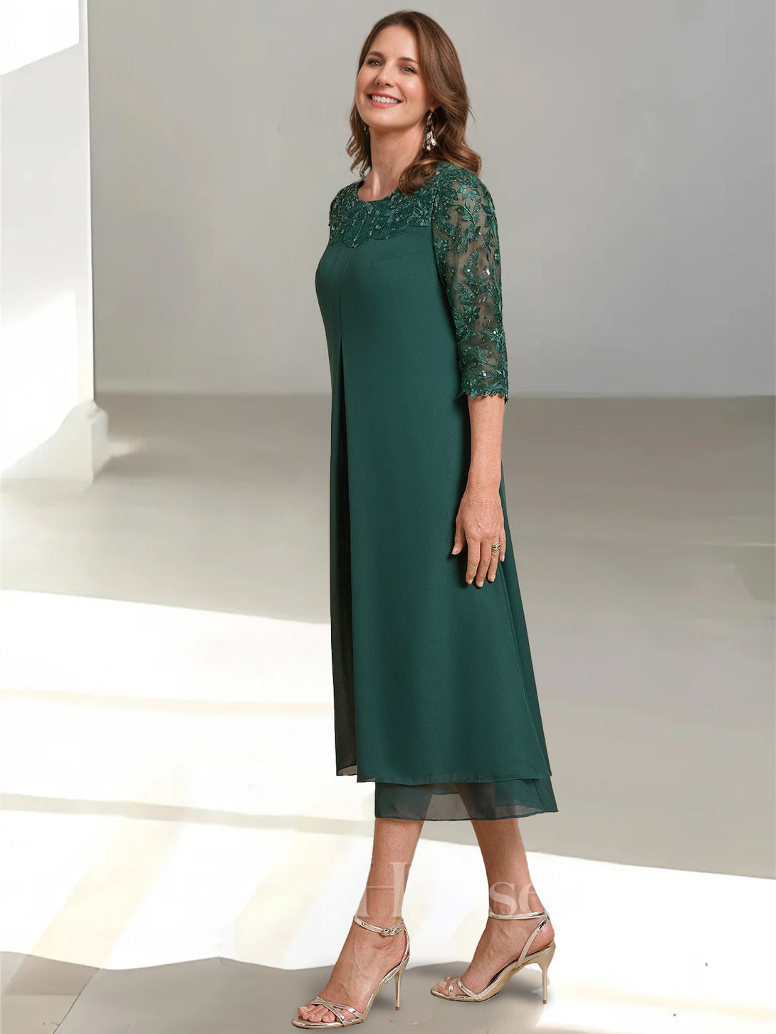 A-Line/Princess Scoop 3/4 Sleeves Tea-Length Mother Of The Bride Dresses With Appliques & Sequins BabaMila