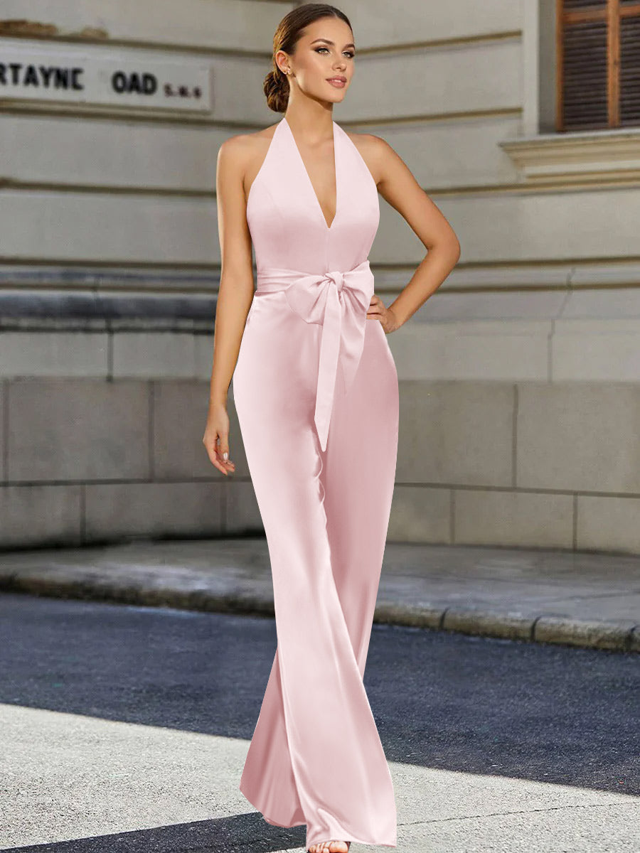 2 Piece V-Neck Sleeveless Floor Length Mother Of The Bride Pantsuits With Bow Belt BabaMila