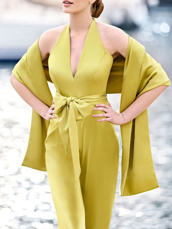 2 Piece V-Neck Sleeveless Floor Length Mother Of The Bride Pantsuits With Bow Belt BabaMila