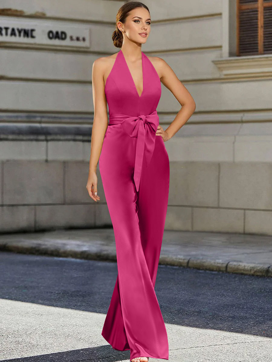 2 Piece V-Neck Sleeveless Floor Length Mother Of The Bride Pantsuits With Bow Belt BabaMila
