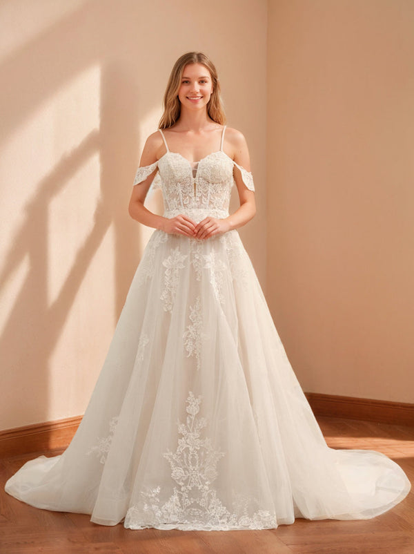 Ball Gown Off-the-shoulder Sleeveless Long Tulle Wedding Dresses with Lace Appliques BabaMila