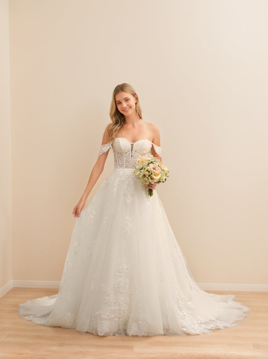 Ball Gown Off-the-shoulder Sleeveless Long Tulle Wedding Dresses with Lace Appliques BabaMila