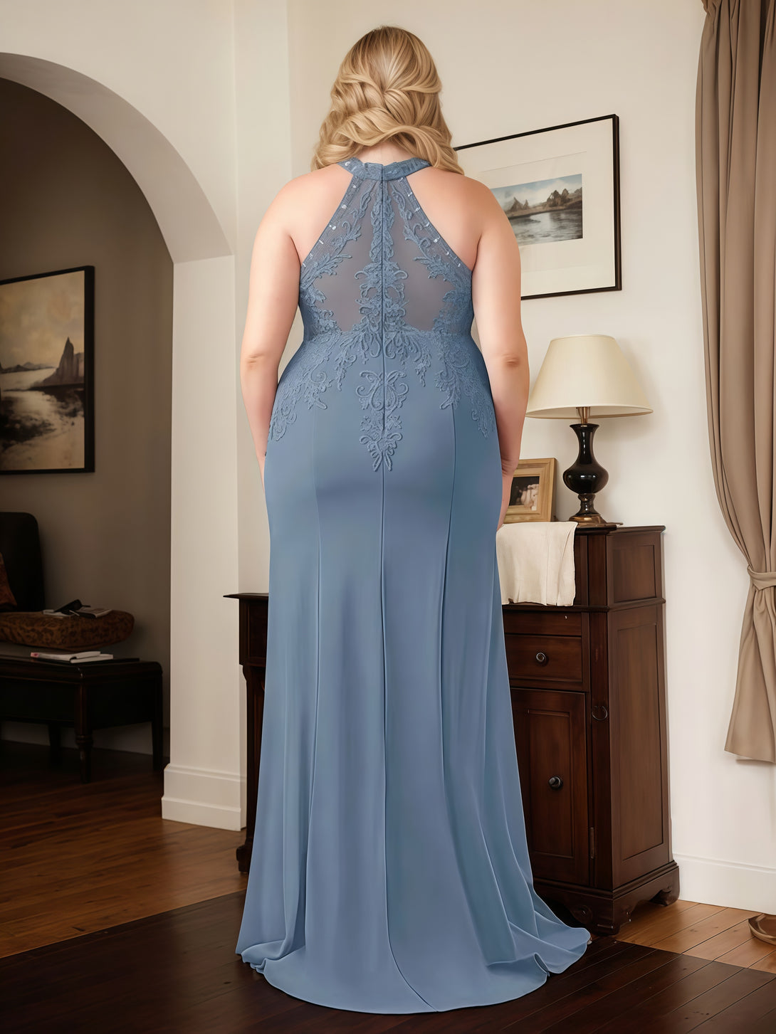 Sheath Halter Sleeveless Floor-Length Lace/Chiffon Mother of the Bride Dress With Appliques BabaMila