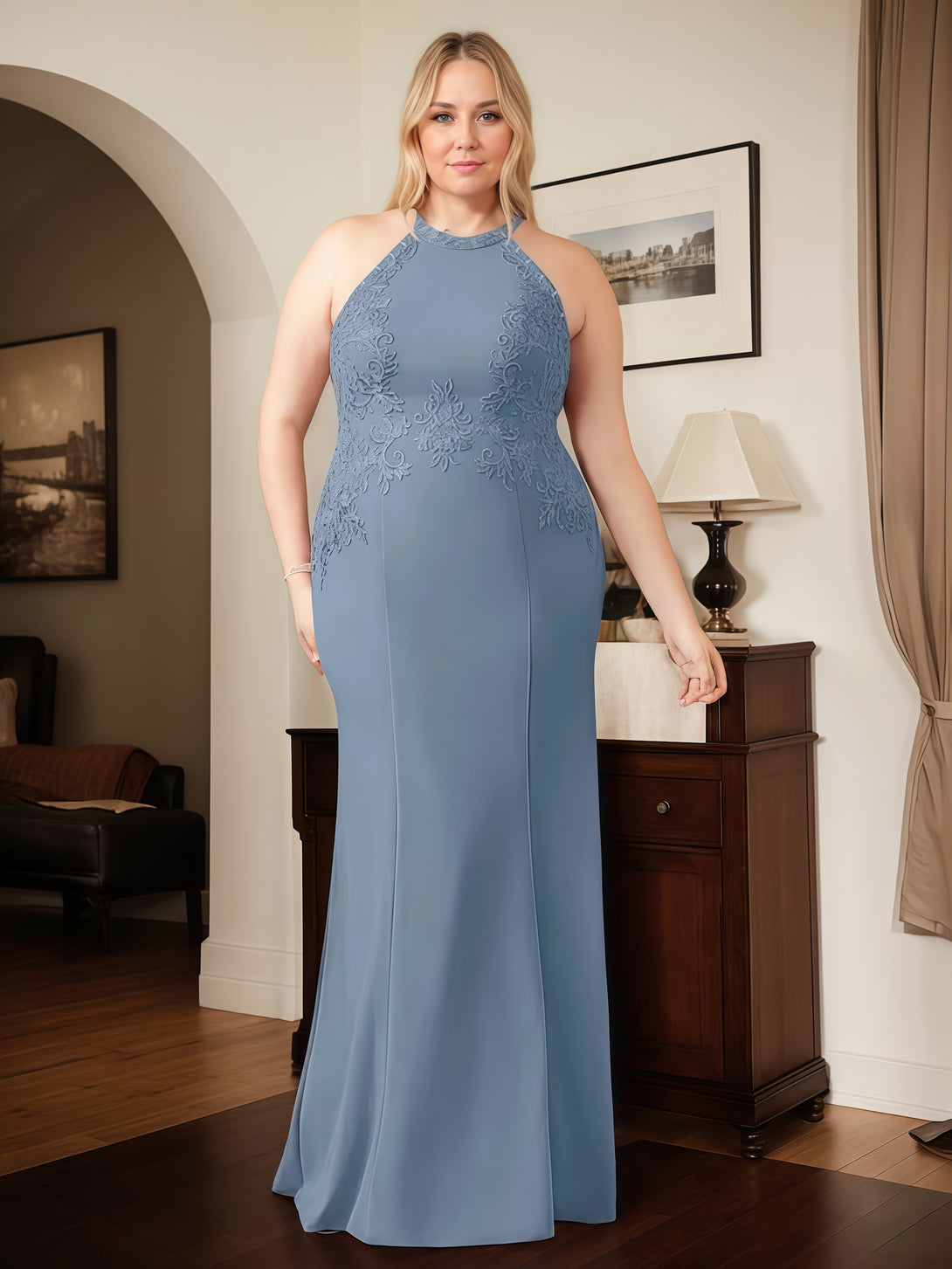 Sheath Halter Sleeveless Floor-Length Lace/Chiffon Mother of the Bride Dress With Appliques BabaMila