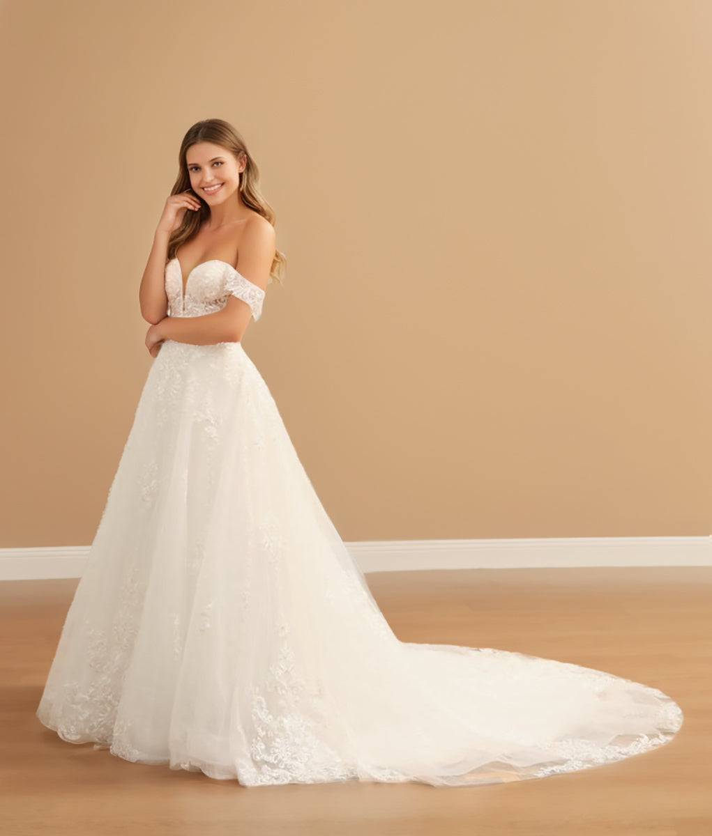 Ball Gown Off-the-shoulder Sleeveless Long Tulle Wedding Dresses with Lace Appliques BabaMila