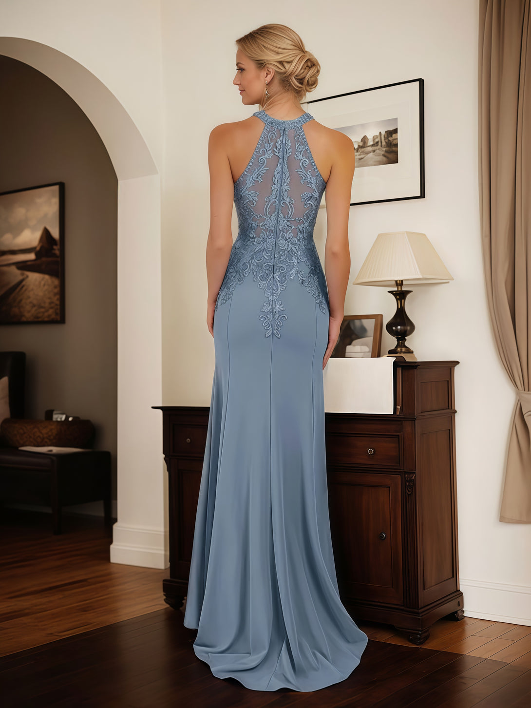 Sheath Halter Sleeveless Floor-Length Lace/Chiffon Mother of the Bride Dress With Appliques BabaMila
