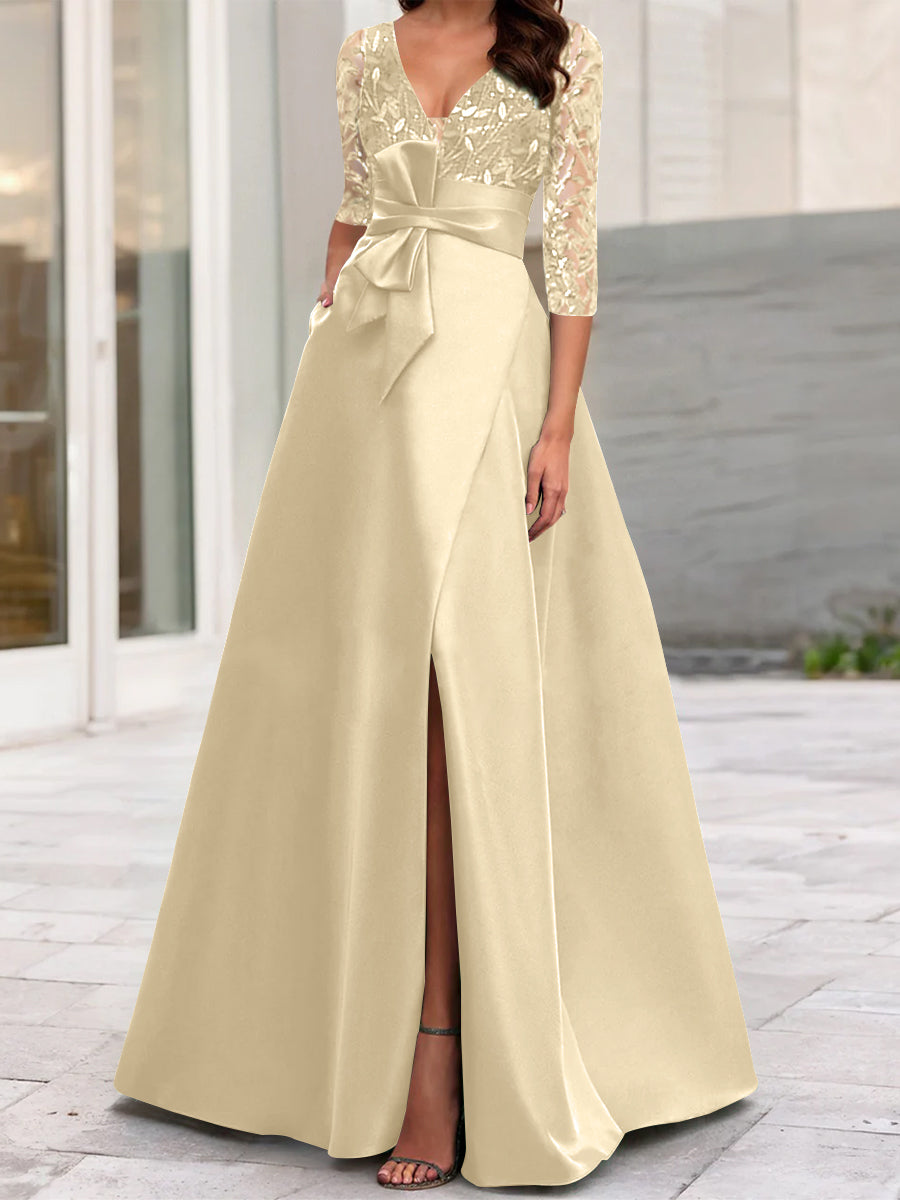 A-Line/Princess One-Shoulder 3/4 Length Sleeves Floor-Length Mother Of The Bride Dresses BabaMila