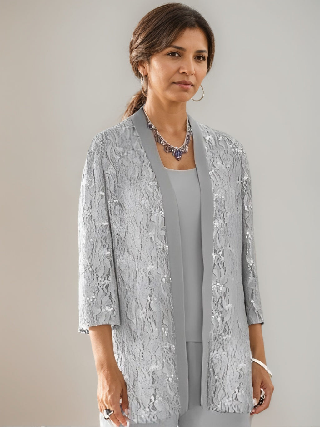 3 Pieces Scoop Neck 3/4 Sleeves Ankle-Length Mother Of The Bride Pantsuits With Lace & Sequins & Jacket BabaMila