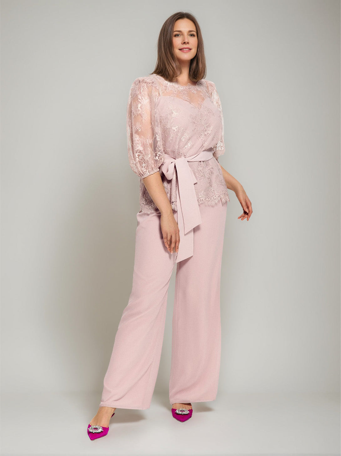 2 Pieces Round Neck Plus Size Half Sleeves Mother Of The Bride Paintsuits With Lace & Sash BabaMila