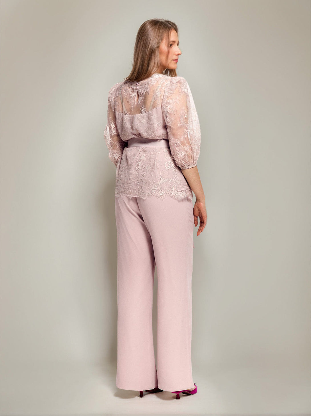 2 Pieces Round Neck Plus Size Half Sleeves Mother Of The Bride Paintsuits With Lace & Sash BabaMila