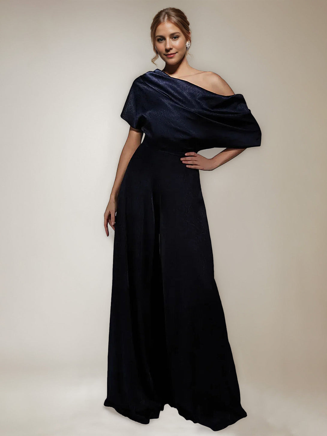 One Shoulder Floor-Length Short Sleeves Wide-Leg Mother Of The Bride Jumpsuits BabaMila