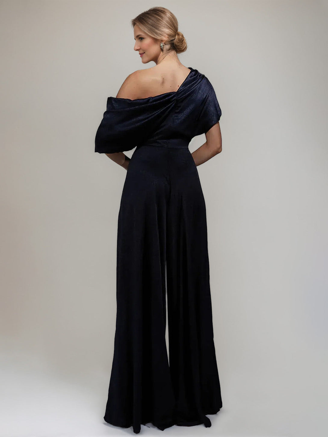 One Shoulder Floor-Length Short Sleeves Wide-Leg Mother Of The Bride Jumpsuits BabaMila