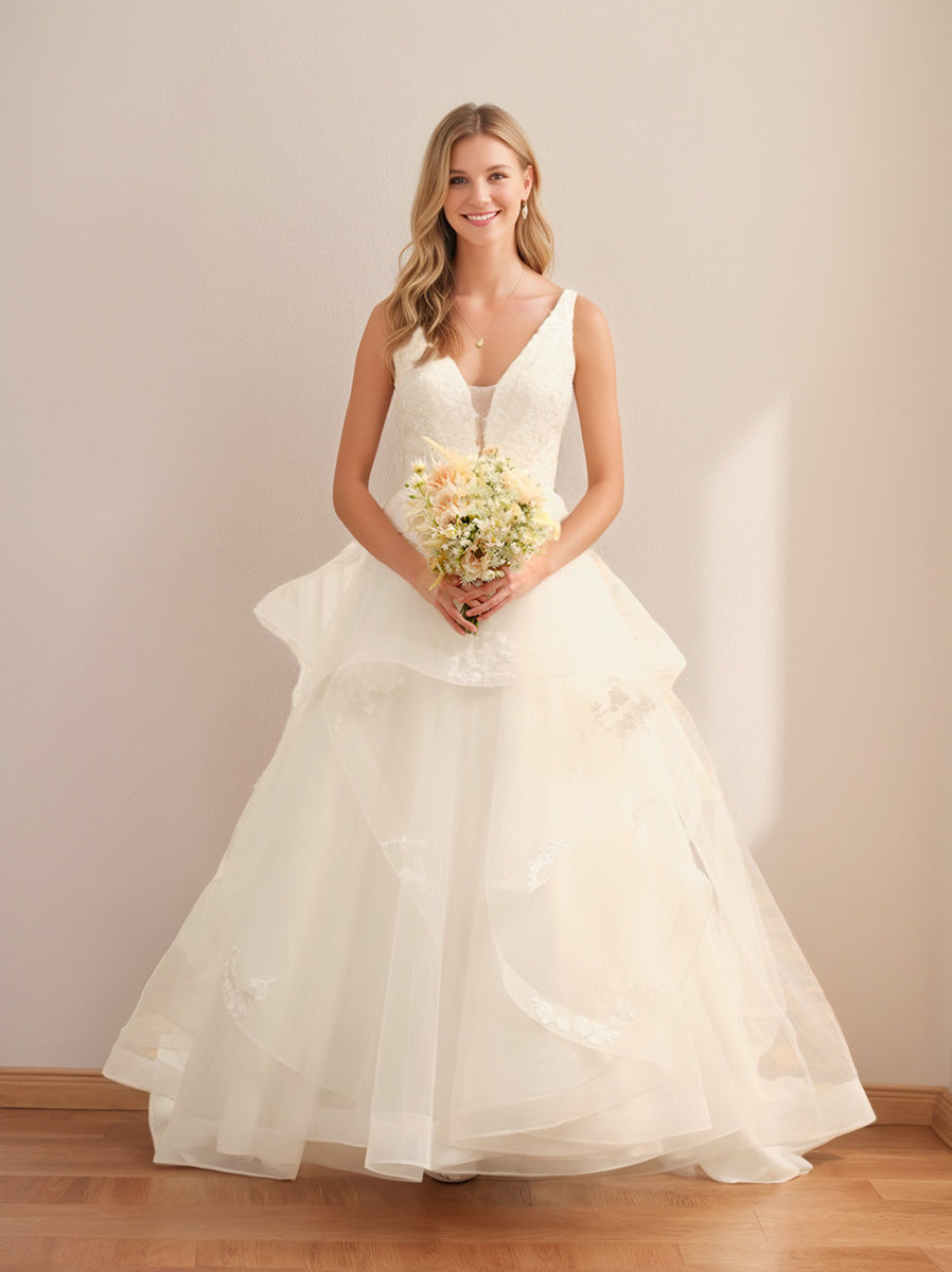 Ball Gown V-Neck Sleeveless Ivory Tulle Wedding Dresses with Lace Appliques BabaMila