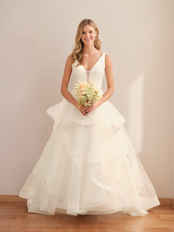 Ball Gown V-Neck Sleeveless Ivory Tulle Wedding Dresses with Lace Appliques BabaMila