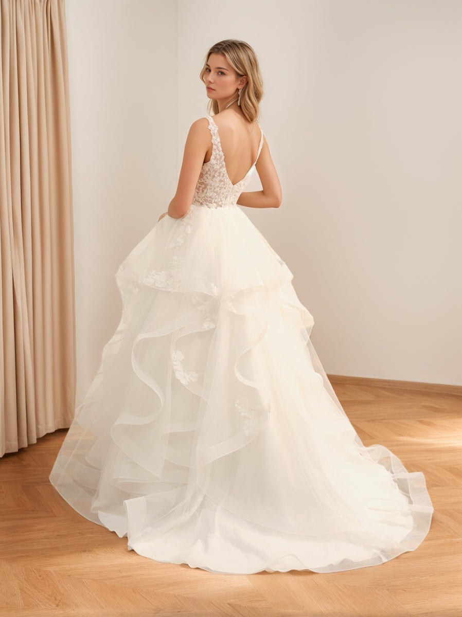Ball Gown V-Neck Sleeveless Ivory Tulle Wedding Dresses with Lace Appliques BabaMila