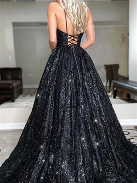 Women's Glittering A-Line/Princess Sequin V-neck Sweep/Brush Train Long Prom Dresses BabaMila