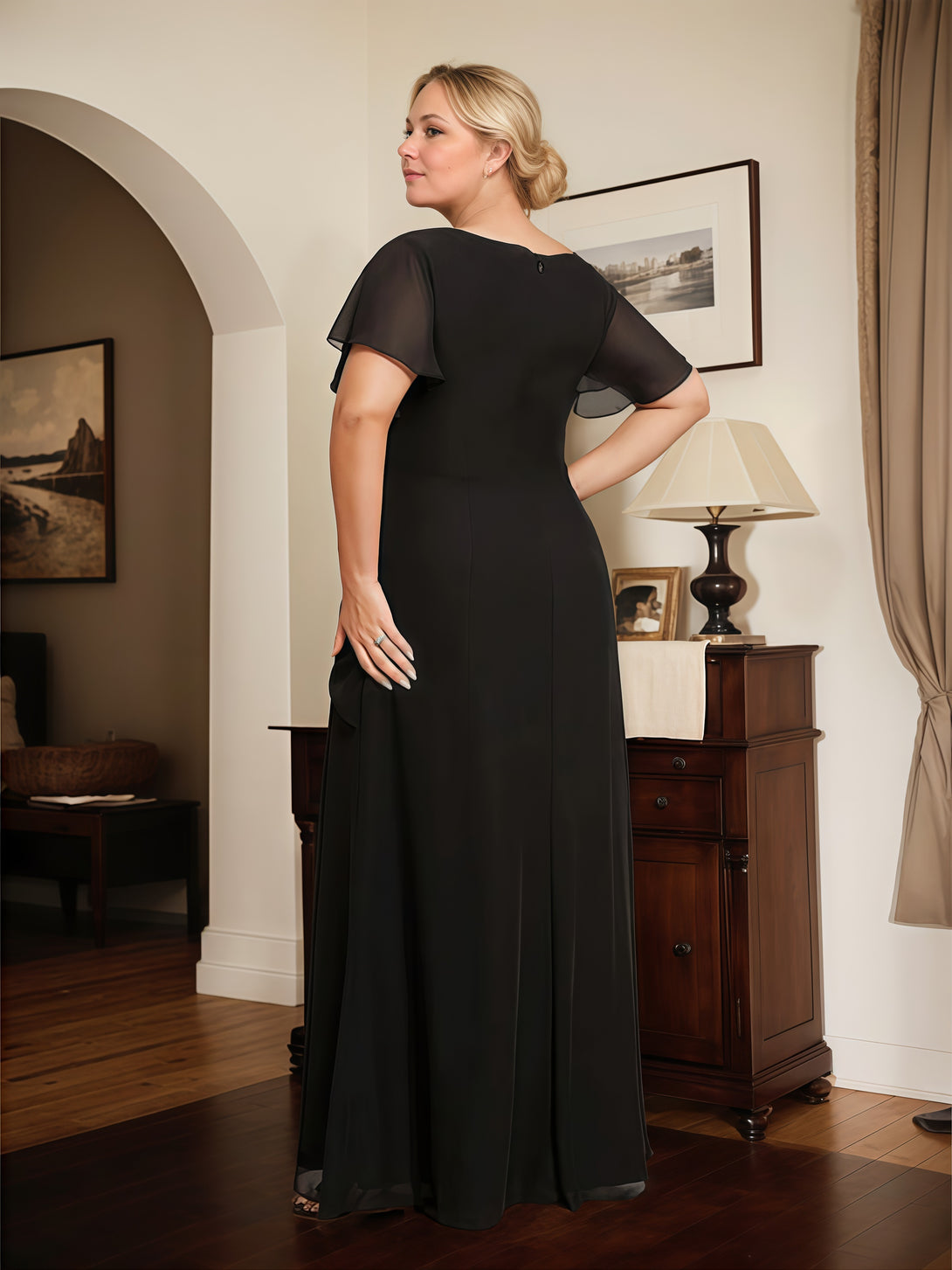 Sheath Boat Neck Flutter Straps Ankel-Length Chiffon Mother of the Bride Dress With Pleated/Beads BabaMila