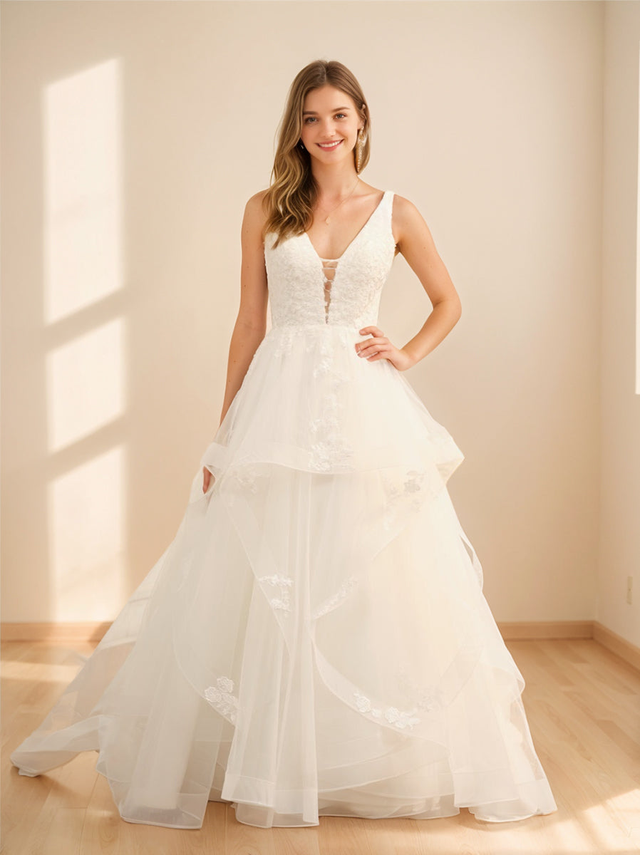 Ball Gown V-Neck Sleeveless Ivory Tulle Wedding Dresses with Lace Appliques BabaMila