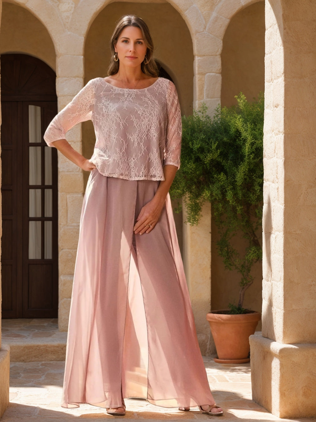 2 Pieces Scoop 3/4 Sleeves Floor-Length Mother Of The Bride Pantsuits With Lace Appliques BabaMila