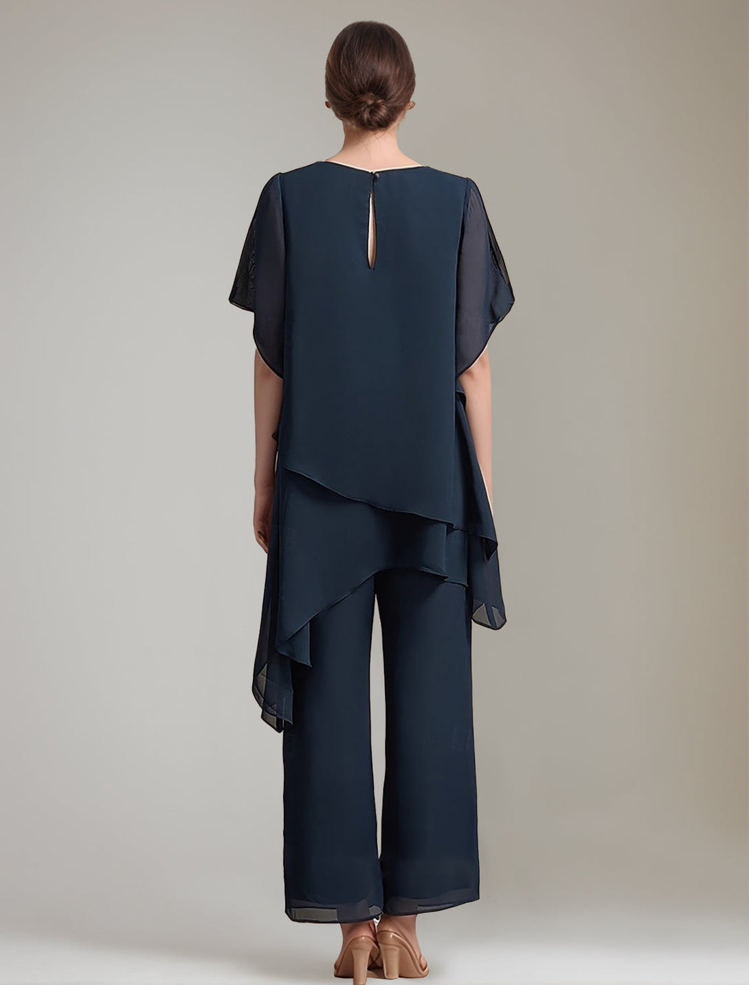 2 Pieces Scoop 1/2 Sleeves Ankle-Length Asymmetrical Mother Of The Bride Pantsuits With Button BabaMila