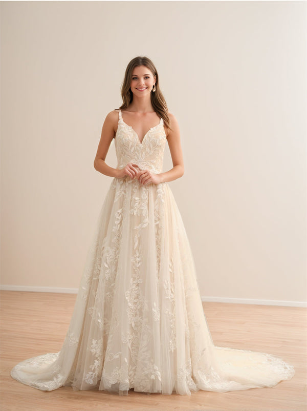 A-Line/Princess Spaghetti Straps Sleeveless Long Wedding Dresses with Appliques BabaMila