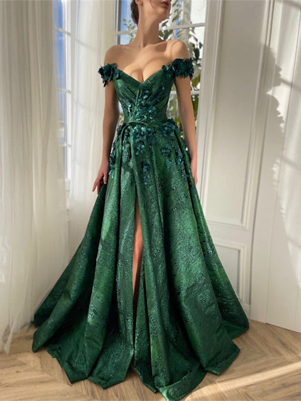 A-Line/Princess Off-the-Shoulder V-Neck Floor-length Long Prom Floral Dresses Whit Split Side/Appliques BabaMila