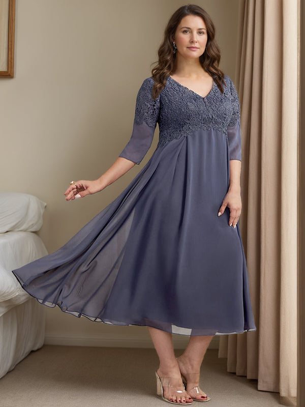 A Line/Princess V-Neck 3/4 Sleeves Tea-Length Plus Size Mother Of The Bride Dresses BabaMila