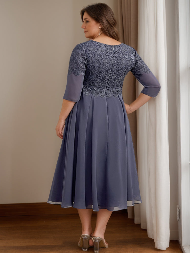 A Line/Princess V-Neck 3/4 Sleeves Tea-Length Plus Size Mother Of The Bride Dresses BabaMila