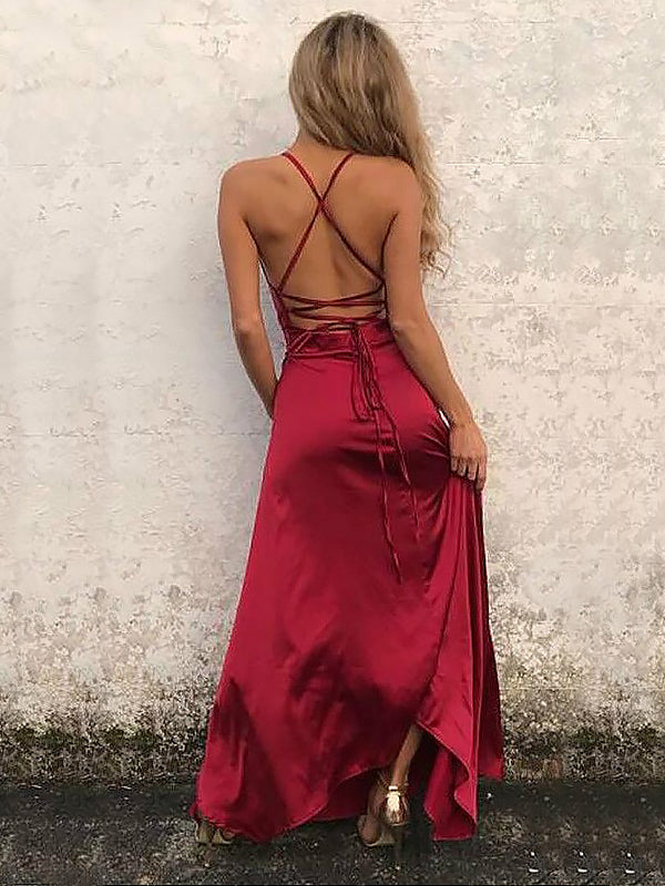 Women's Sheath/Column Silk like Satin Spaghetti Straps Floor-Length Long Prom Dresses BabaMila