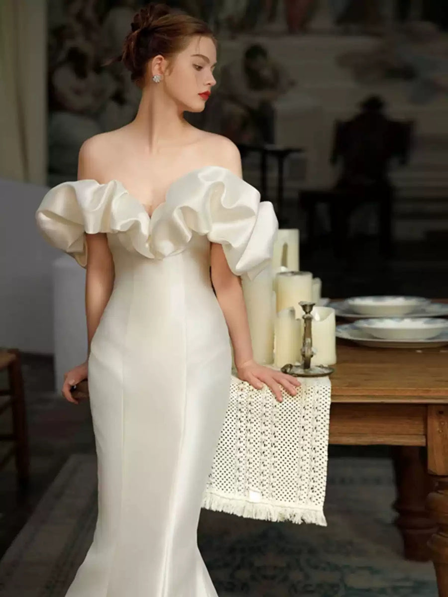 Trumpet/Mermaid Off-the-Shoulder Satin Wedding Dresses with Embroidery BabaMila