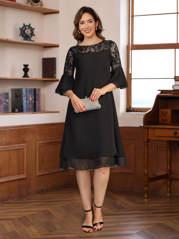 A-Line/Princess Round Neck 1/2 Sleeves Knee Length Mother Of The Bride & Groom Dresses With Lace Appliques & Ruffles BabaMila