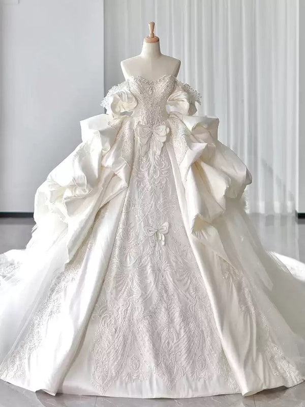 Ball Gown Off-the-Shoulder White Satin Wedding Dresses with Appliques & Beadings BabaMila