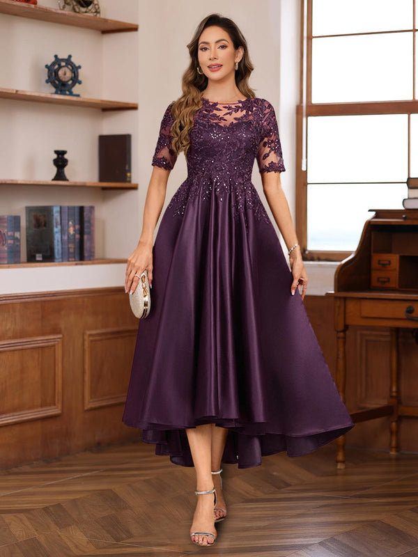 A-Line/Princess Round Neck Short Sleeves Asymmetrical Elegant Mother Of The Bride & Groom Dresses With Lace Appliques BabaMila