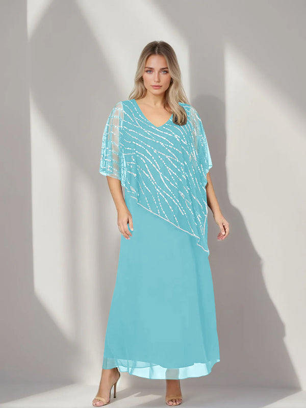 A-Line/Princess V-Neck Half Sleeves Ankle-Length Plus Size Mother Of The Bride Dresses With Asymmetrical Cape Popover BabaMila
