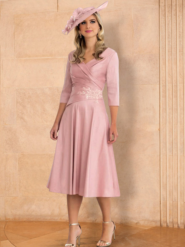 A-Line/Princess V-Neck Tea-Length Mother Of The Bride Dresses With Applique BabaMila
