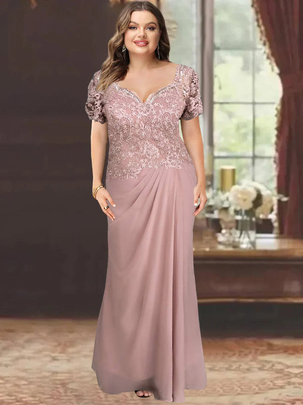 Sheath/Column Sweetheart Short Sleeves Floor-Length Plus Size Mother Of The Bride Dresses With Appliques Lace BabaMila