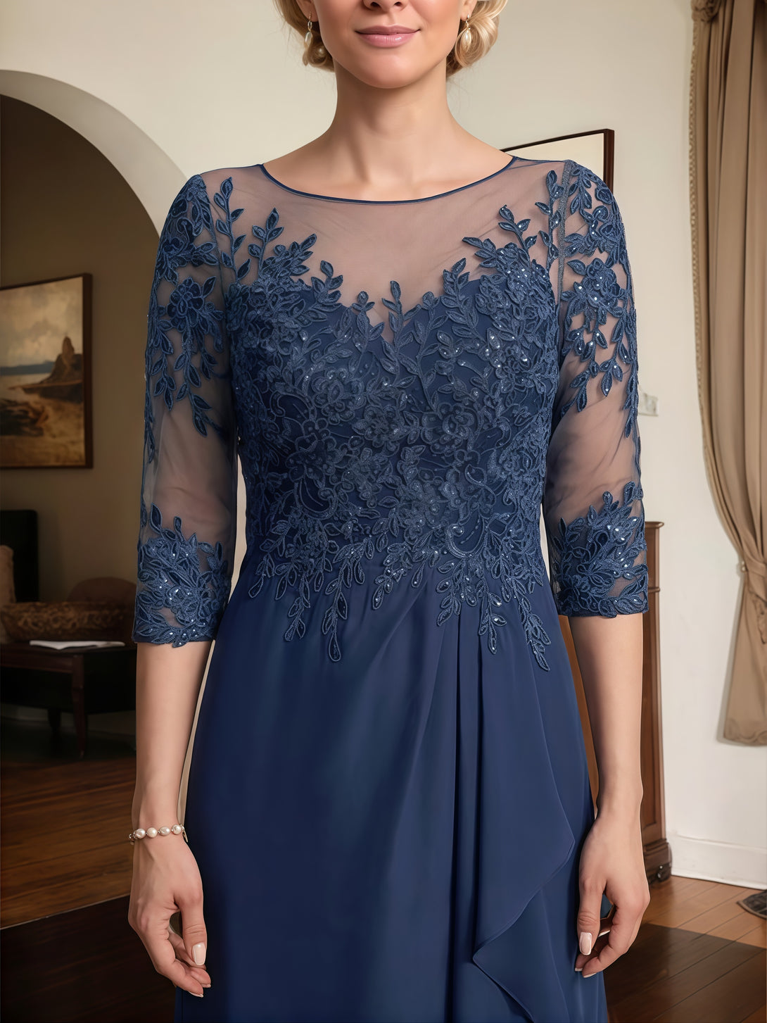 Illusion A-Line Scoop Neck 3/4 Sleeve Asymmetrical Lace/Chiffon Mother of the Bride Dress With Cascading Ruffles/Appliques/Sequins BabaMila