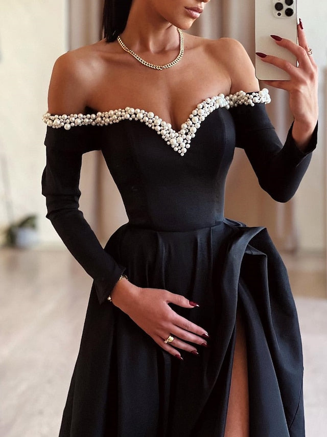 Ball Gown Off-the-Shoulder Floor-length Long Prom Dresses With Split Side/Beads BabaMila