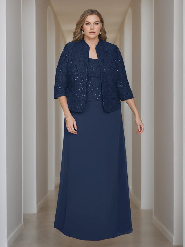Sheath/Column 2 Pieces Square Neck 3/4 Length Sleeves Floor-Length Mother Of The Bride Dresses With Jacket, Lace & Sequins BabaMila
