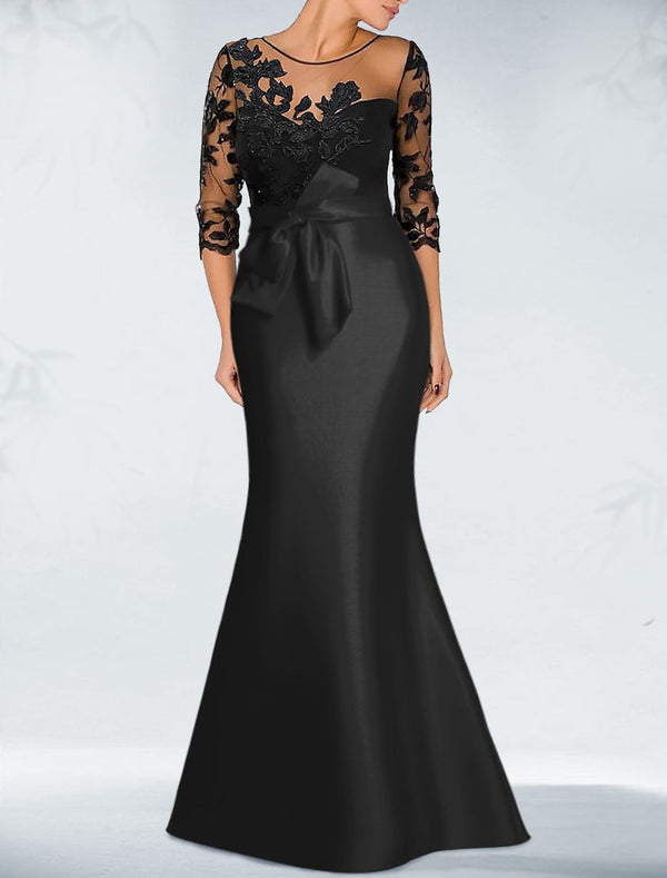 Trumpet/Mermaid Scoop 3/4 Sleeve Floor-Length Prom Dresses With Appliques/Bow BabaMila